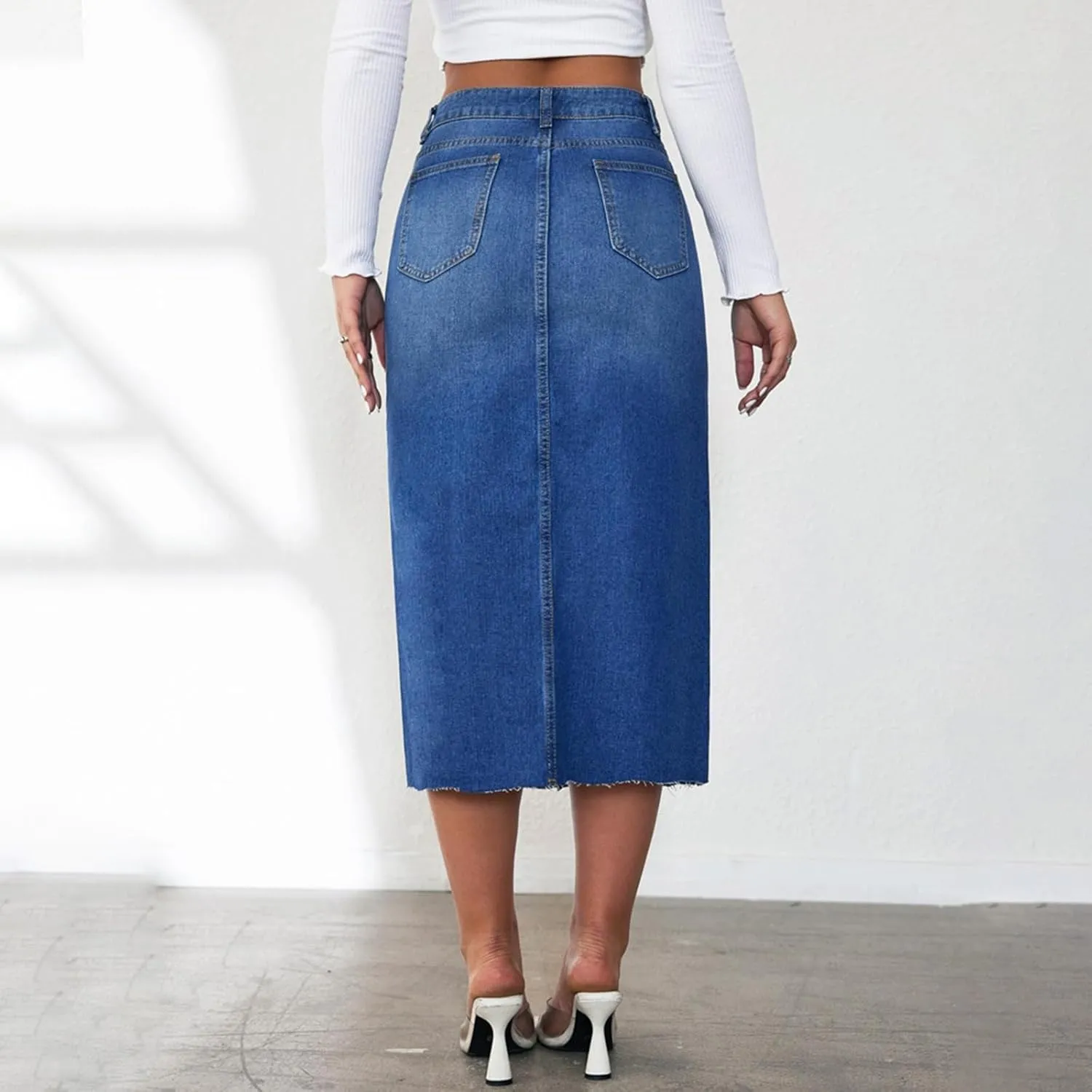 Women's Y2k Denim Midi Skirts Elegant Vintage High Waist Frayed Split A-Line Long Jean Skirts with Pockets