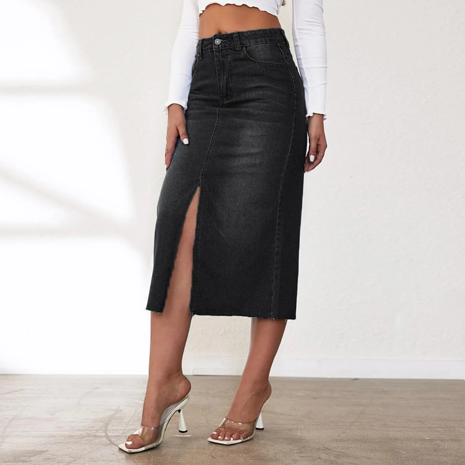 Women's Y2k Denim Midi Skirts Elegant Vintage High Waist Frayed Split A-Line Long Jean Skirts with Pockets