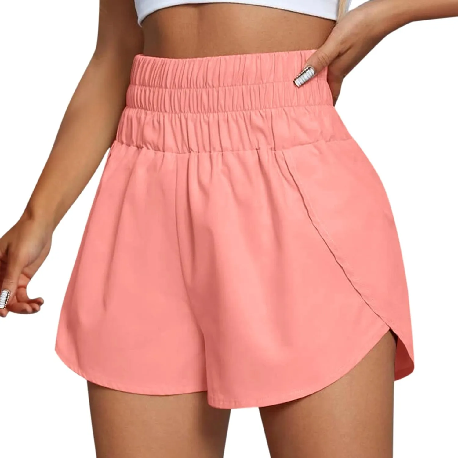 Workout Shorts Women With Pockets Smocked High Waisted Running Ruffle Shorts Athletic Sporty Gym Yoga Casual Shorts