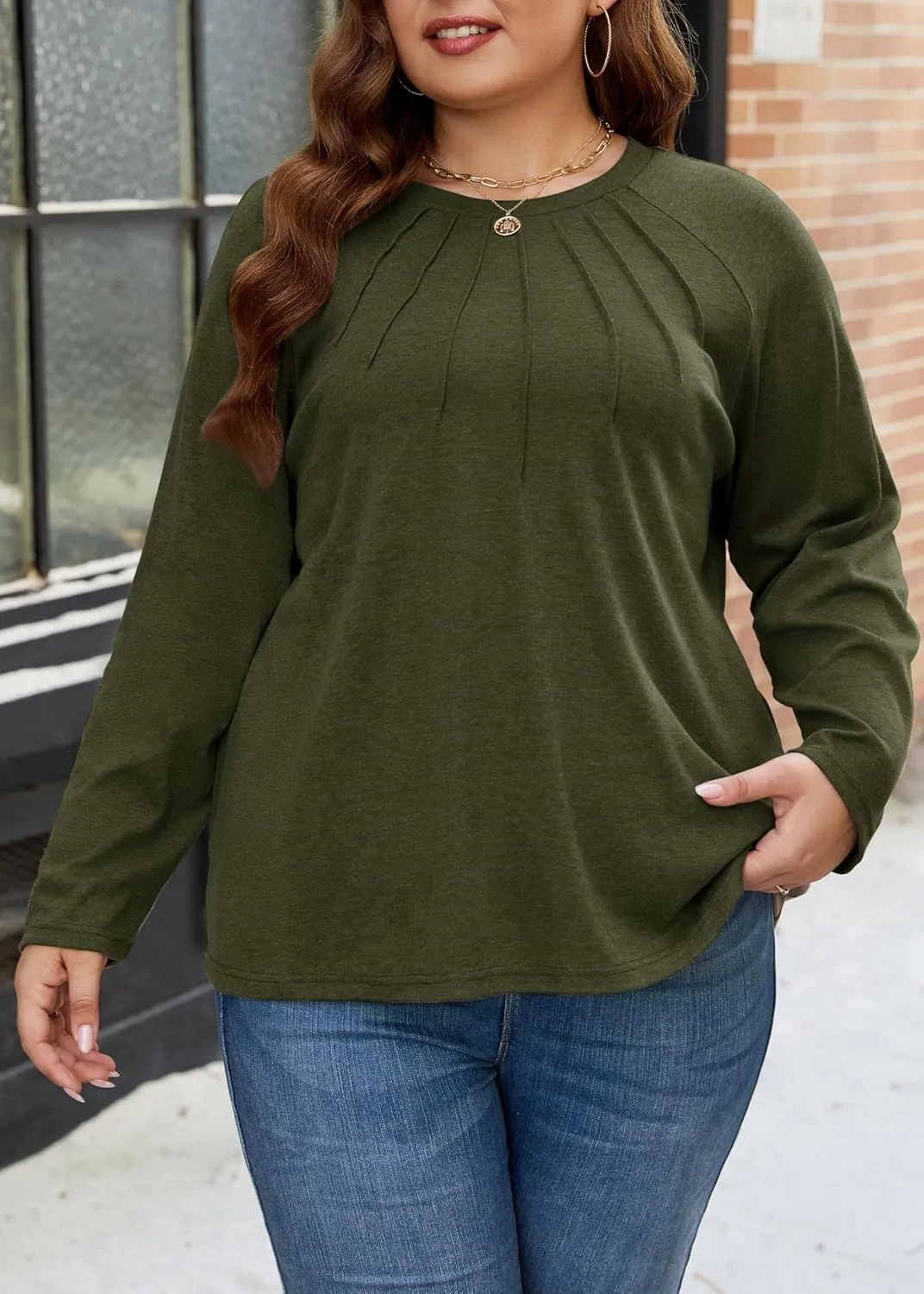 XAKALAKA Long Sleeve Shirts For Women Plus Size Crew Neck Pleated Tunic Tops Dressy Casual T Shirts Fall Clothes