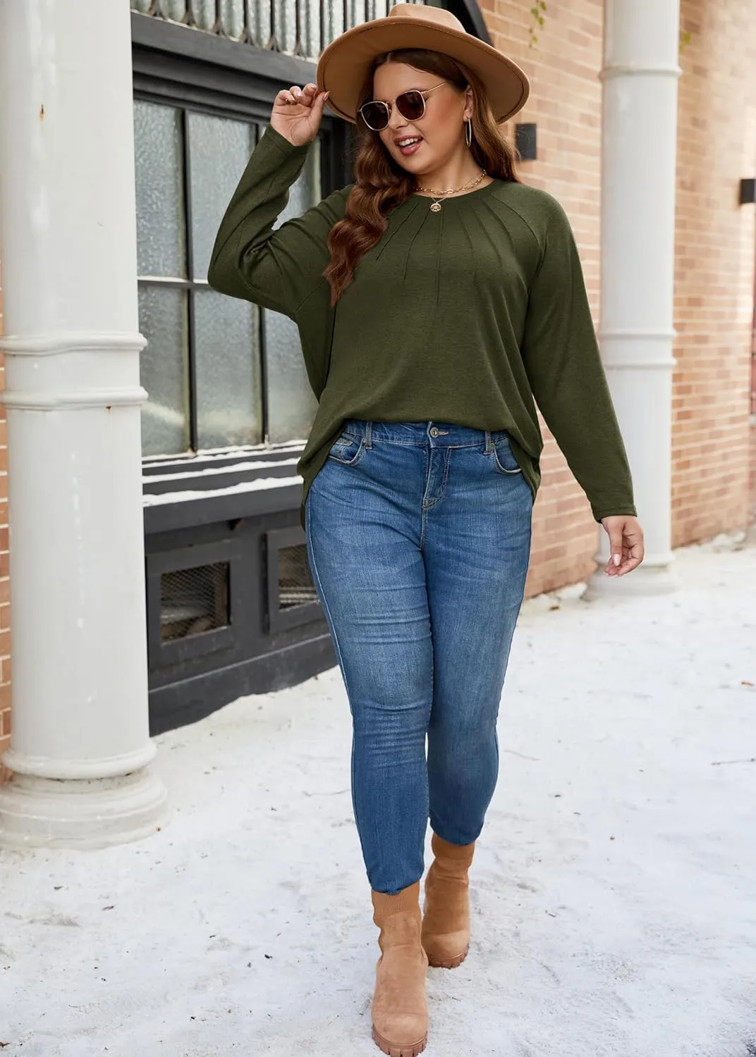 XAKALAKA Long Sleeve Shirts For Women Plus Size Crew Neck Pleated Tunic Tops Dressy Casual T Shirts Fall Clothes