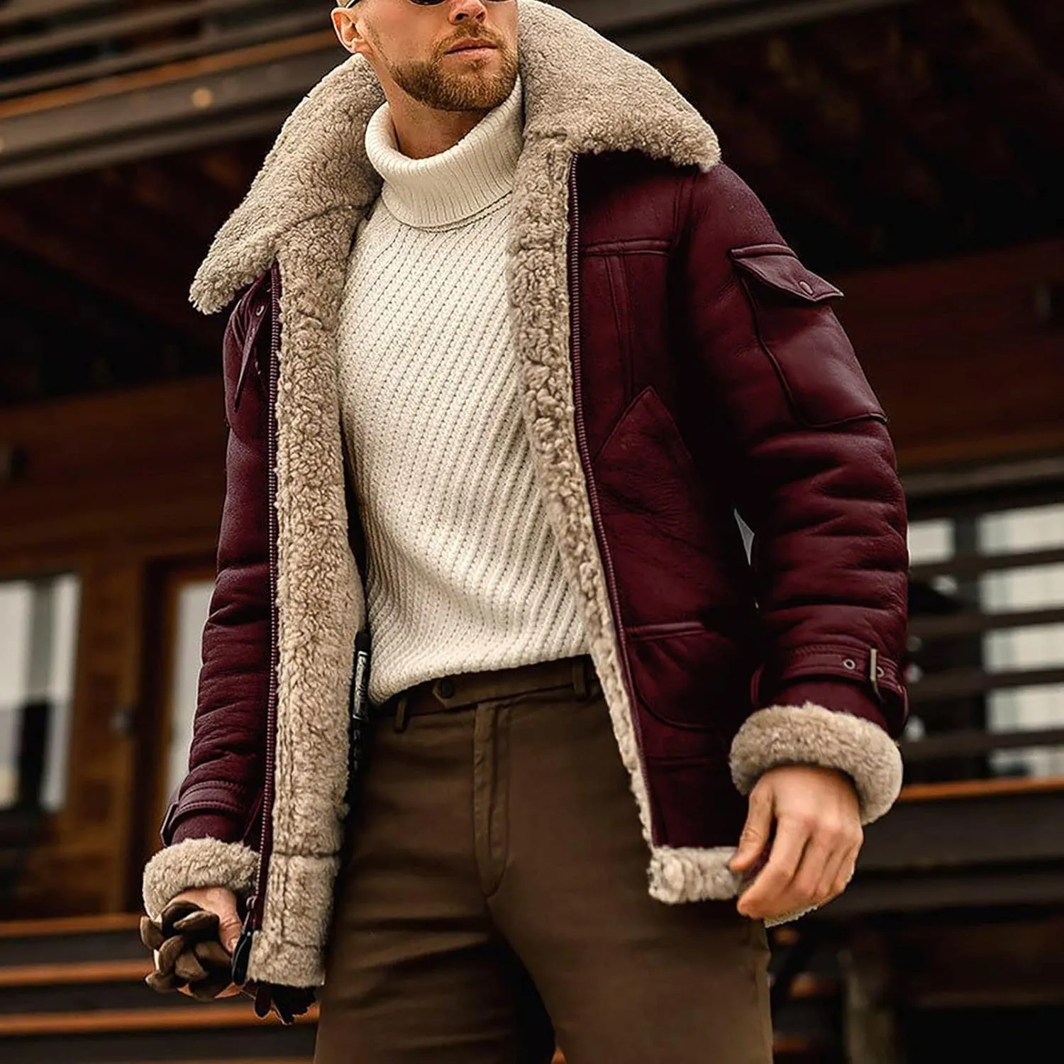 XIAXOGOOL Winter Coat For Men Big And Tall Faux Suede Fur Jacket Lapel Heavyweight Thicken Thermal Sherpa Lined Overcoat