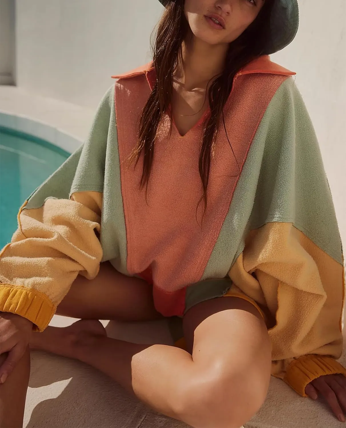 Yuemengxuan Women Fleece Sweatshirts Long Sleeve Colorblock Cropped Oversized Sweatshirt Y2k V-Neck Pullover Tops