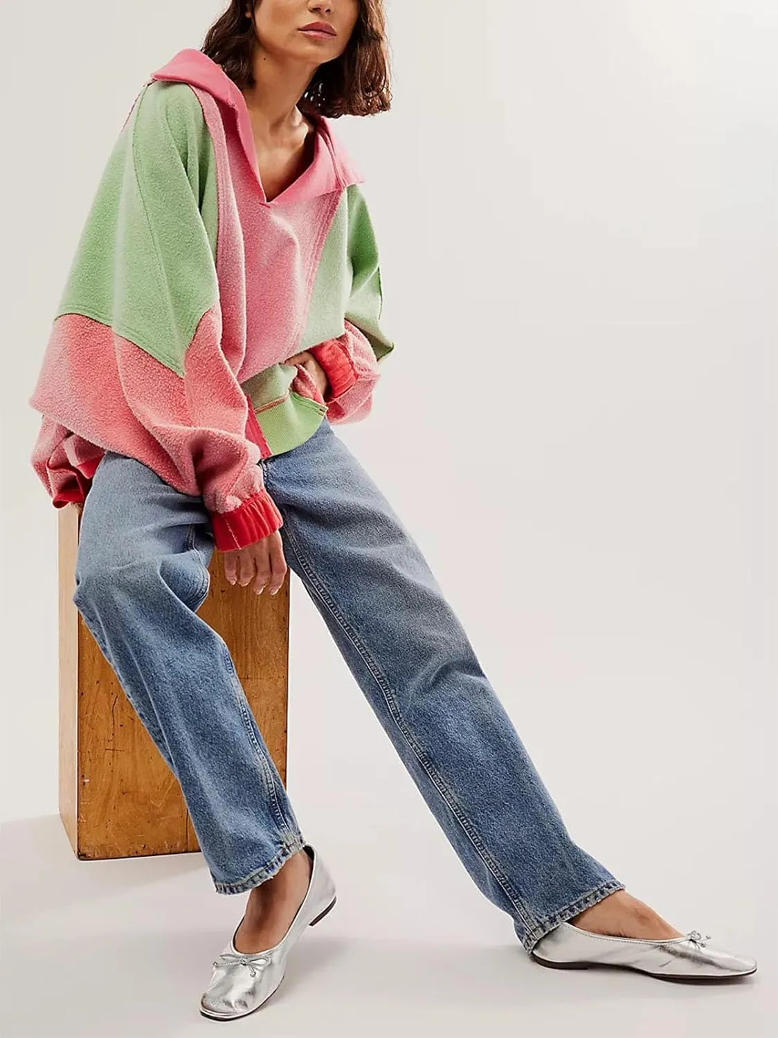 Yuemengxuan Women Fleece Sweatshirts Long Sleeve Colorblock Cropped Oversized Sweatshirt Y2k V-Neck Pullover Tops