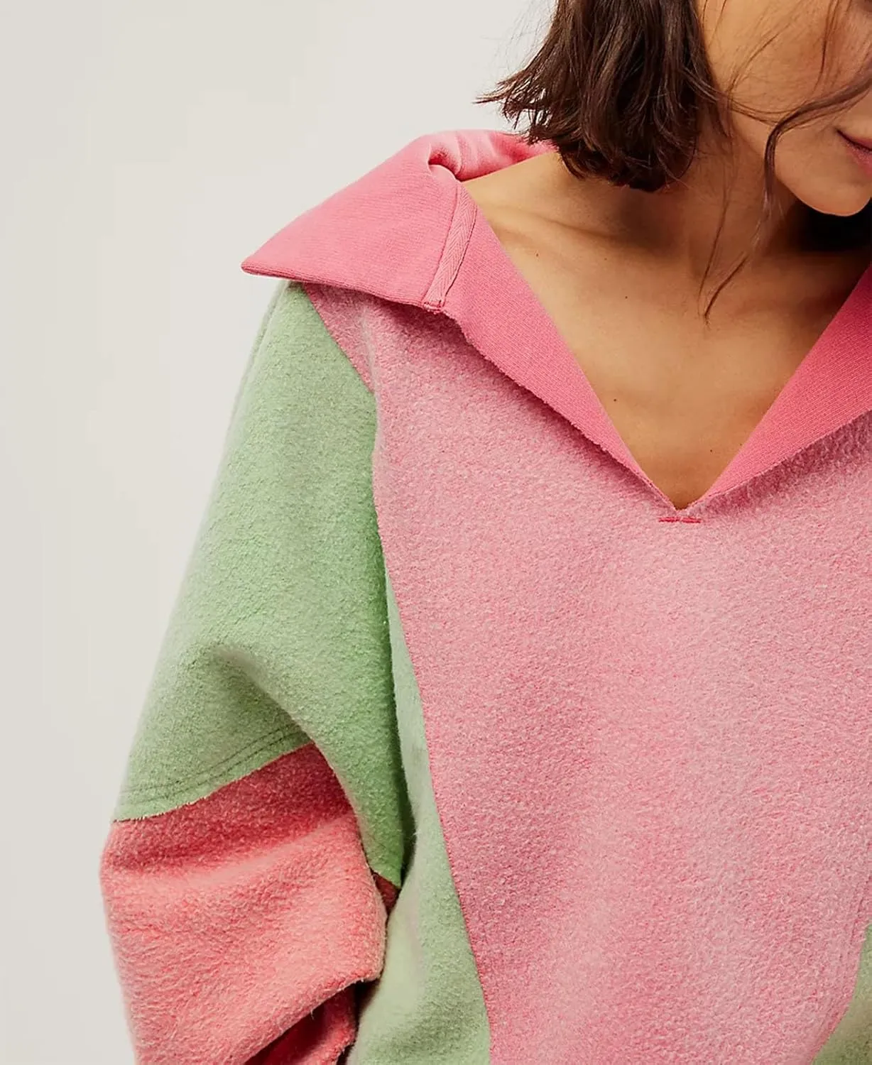 Yuemengxuan Women Fleece Sweatshirts Long Sleeve Colorblock Cropped Oversized Sweatshirt Y2k V-Neck Pullover Tops