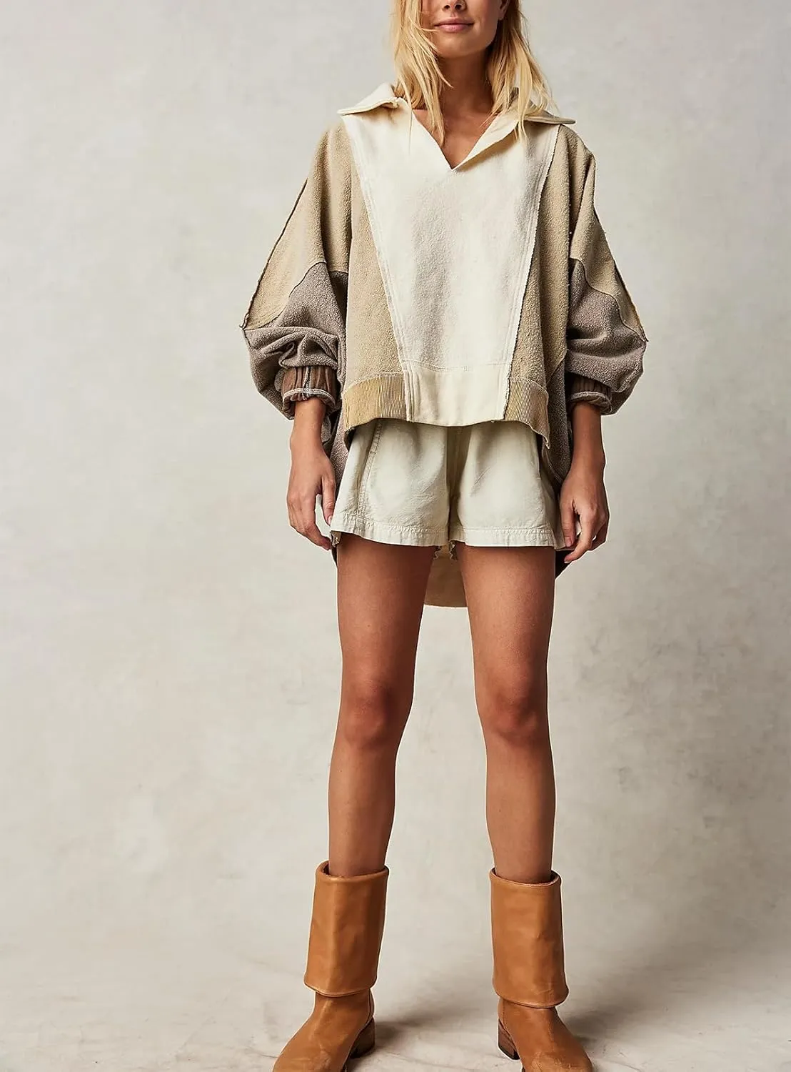 Yuemengxuan Women Fleece Sweatshirts Long Sleeve Colorblock Cropped Oversized Sweatshirt Y2k V-Neck Pullover Tops
