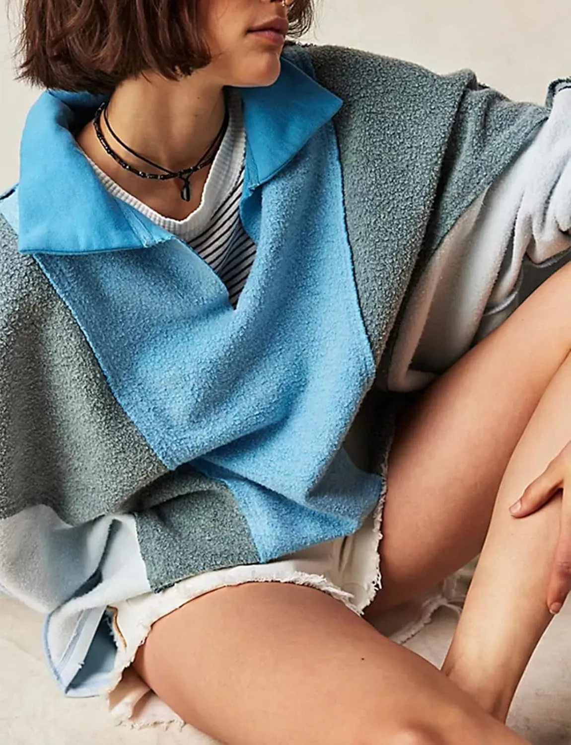 Yuemengxuan Women Fleece Sweatshirts Long Sleeve Colorblock Cropped Oversized Sweatshirt Y2k V-Neck Pullover Tops