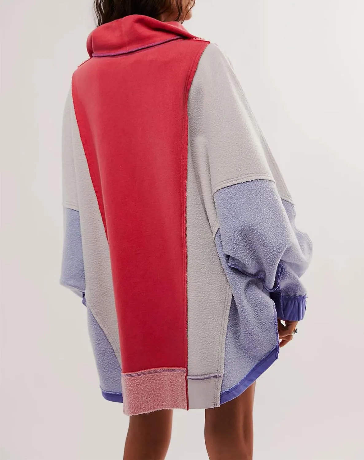 Yuemengxuan Women Fleece Sweatshirts Long Sleeve Colorblock Cropped Oversized Sweatshirt Y2k V-Neck Pullover Tops