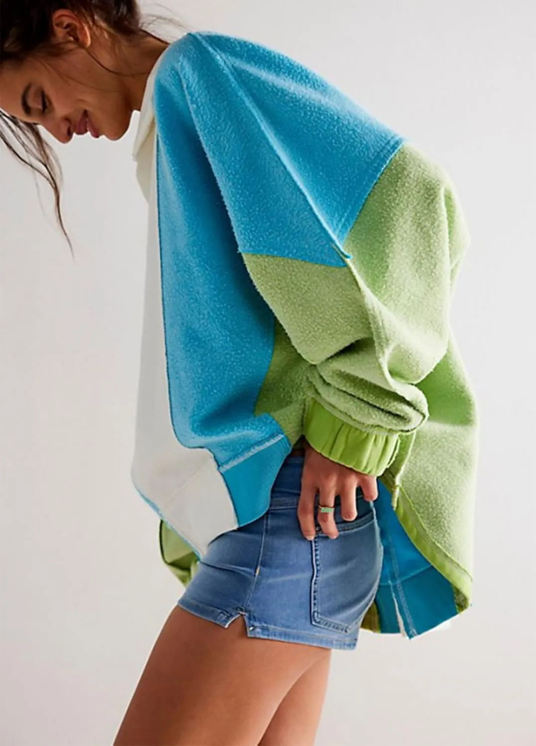 Yuemengxuan Women Fleece Sweatshirts Long Sleeve Colorblock Cropped Oversized Sweatshirt Y2k V-Neck Pullover Tops