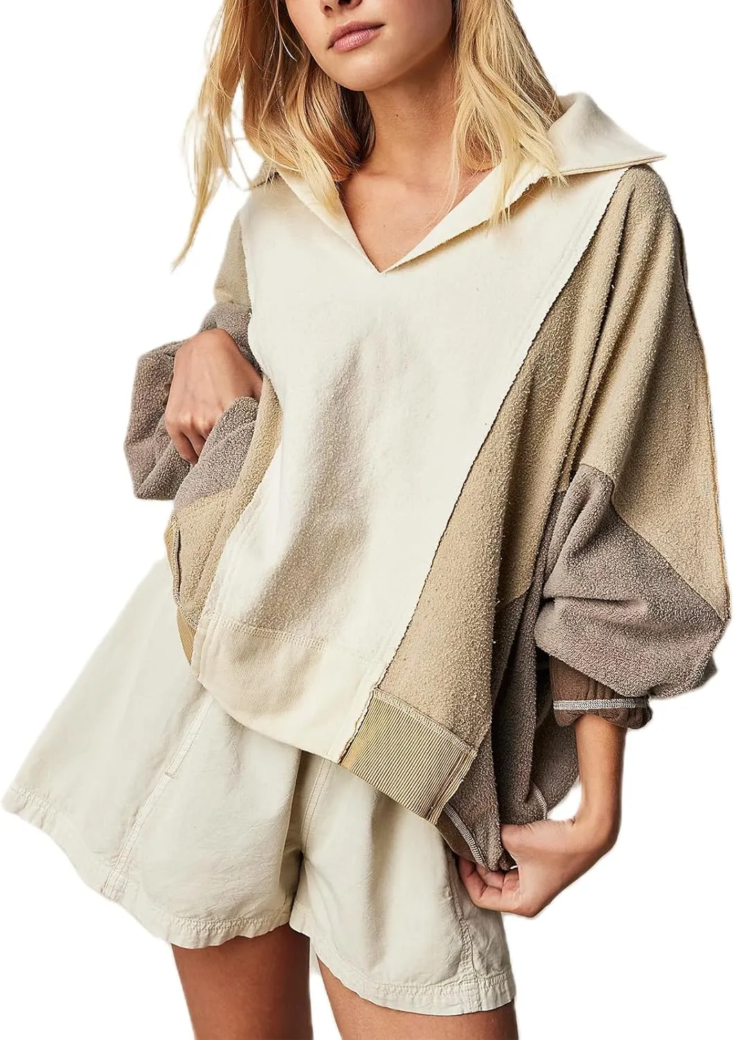 Yuemengxuan Women Fleece Sweatshirts Long Sleeve Colorblock Cropped Oversized Sweatshirt Y2k V-Neck Pullover Tops