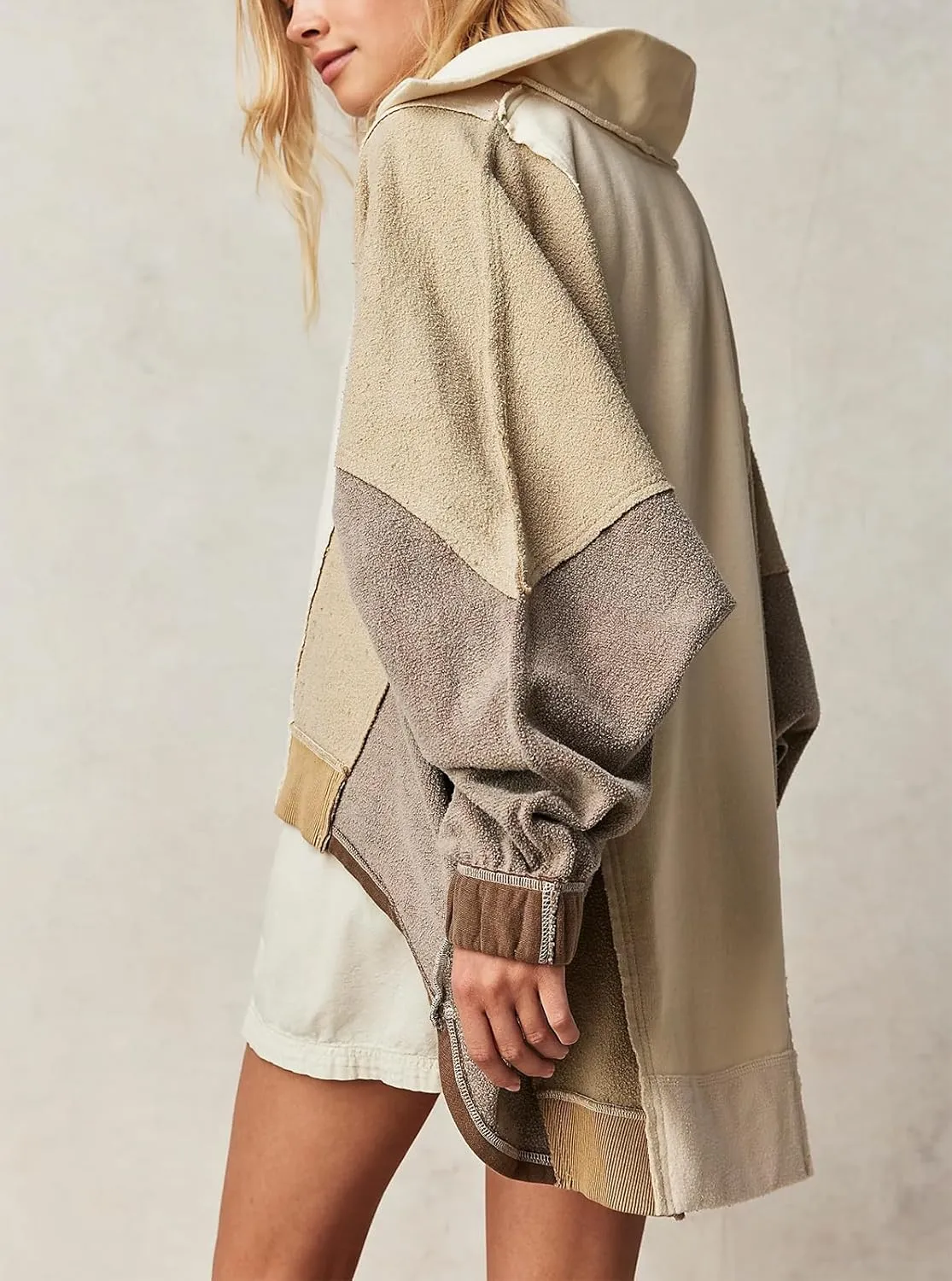 Yuemengxuan Women Fleece Sweatshirts Long Sleeve Colorblock Cropped Oversized Sweatshirt Y2k V-Neck Pullover Tops