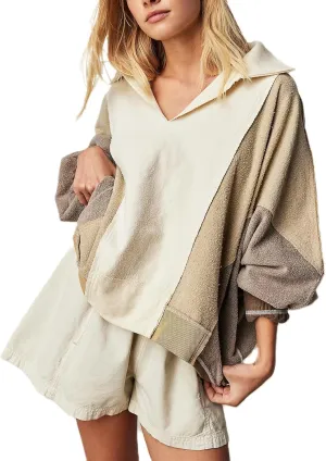 Yuemengxuan Women Fleece Sweatshirts Long Sleeve Colorblock Cropped Oversized Sweatshirt Y2k V-Neck Pullover Tops