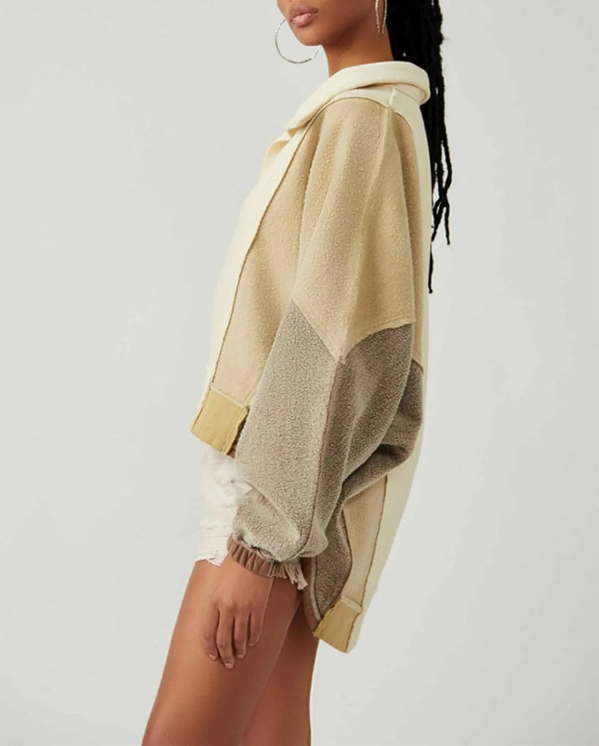 Yuemengxuan Women Fleece Sweatshirts Long Sleeve Colorblock Cropped Oversized Sweatshirt Y2k V-Neck Pullover Tops