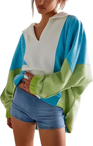 Yuemengxuan Women Fleece Sweatshirts Long Sleeve Colorblock Cropped Oversized Sweatshirt Y2k V-Neck Pullover Tops