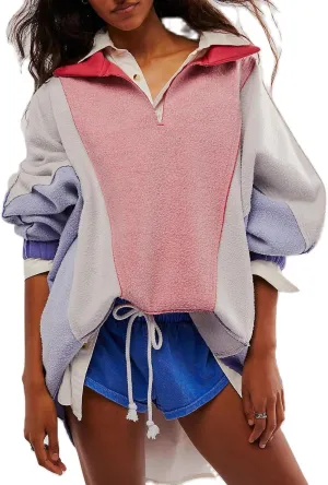 Yuemengxuan Women Fleece Sweatshirts Long Sleeve Colorblock Cropped Oversized Sweatshirt Y2k V-Neck Pullover Tops