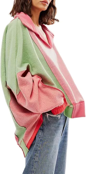 Yuemengxuan Women Fleece Sweatshirts Long Sleeve Colorblock Cropped Oversized Sweatshirt Y2k V-Neck Pullover Tops