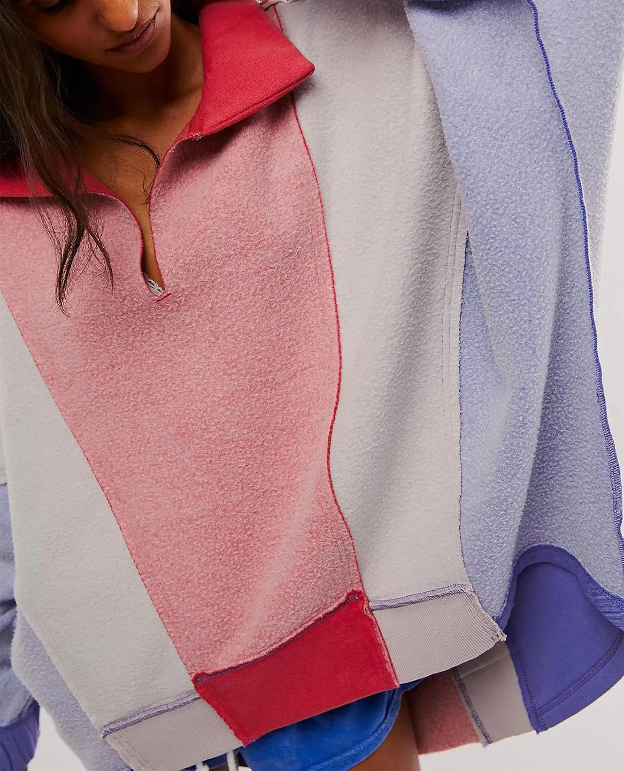 Yuemengxuan Women Fleece Sweatshirts Long Sleeve Colorblock Cropped Oversized Sweatshirt Y2k V-Neck Pullover Tops