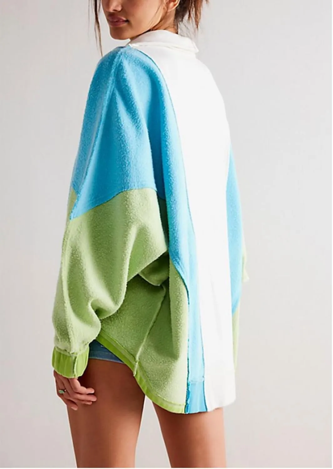 Yuemengxuan Women Fleece Sweatshirts Long Sleeve Colorblock Cropped Oversized Sweatshirt Y2k V-Neck Pullover Tops