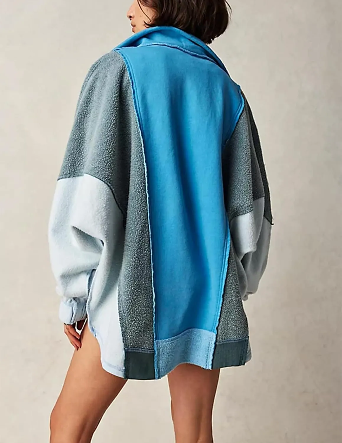 Yuemengxuan Women Fleece Sweatshirts Long Sleeve Colorblock Cropped Oversized Sweatshirt Y2k V-Neck Pullover Tops