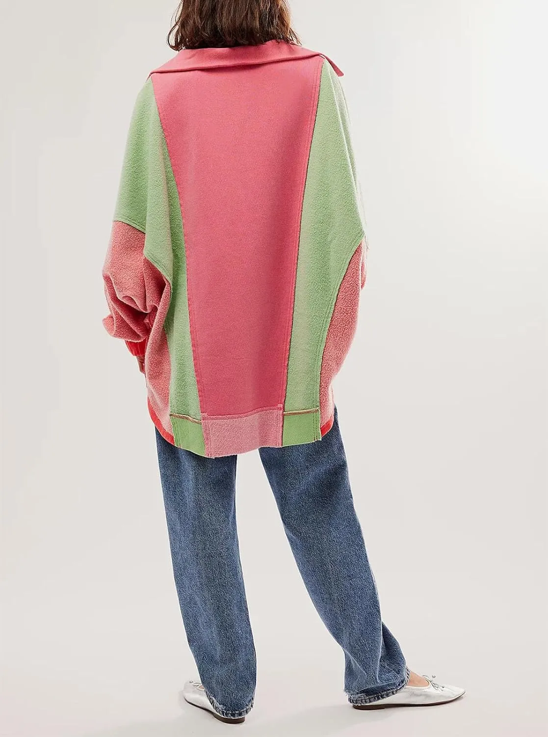 Yuemengxuan Women Fleece Sweatshirts Long Sleeve Colorblock Cropped Oversized Sweatshirt Y2k V-Neck Pullover Tops