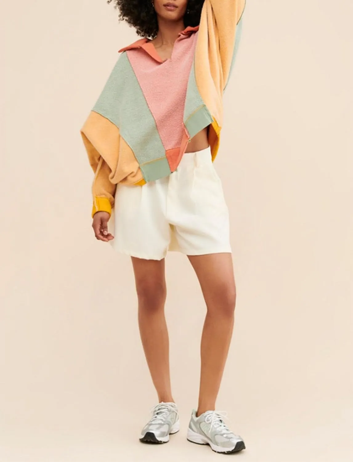 Yuemengxuan Women Fleece Sweatshirts Long Sleeve Colorblock Cropped Oversized Sweatshirt Y2k V-Neck Pullover Tops