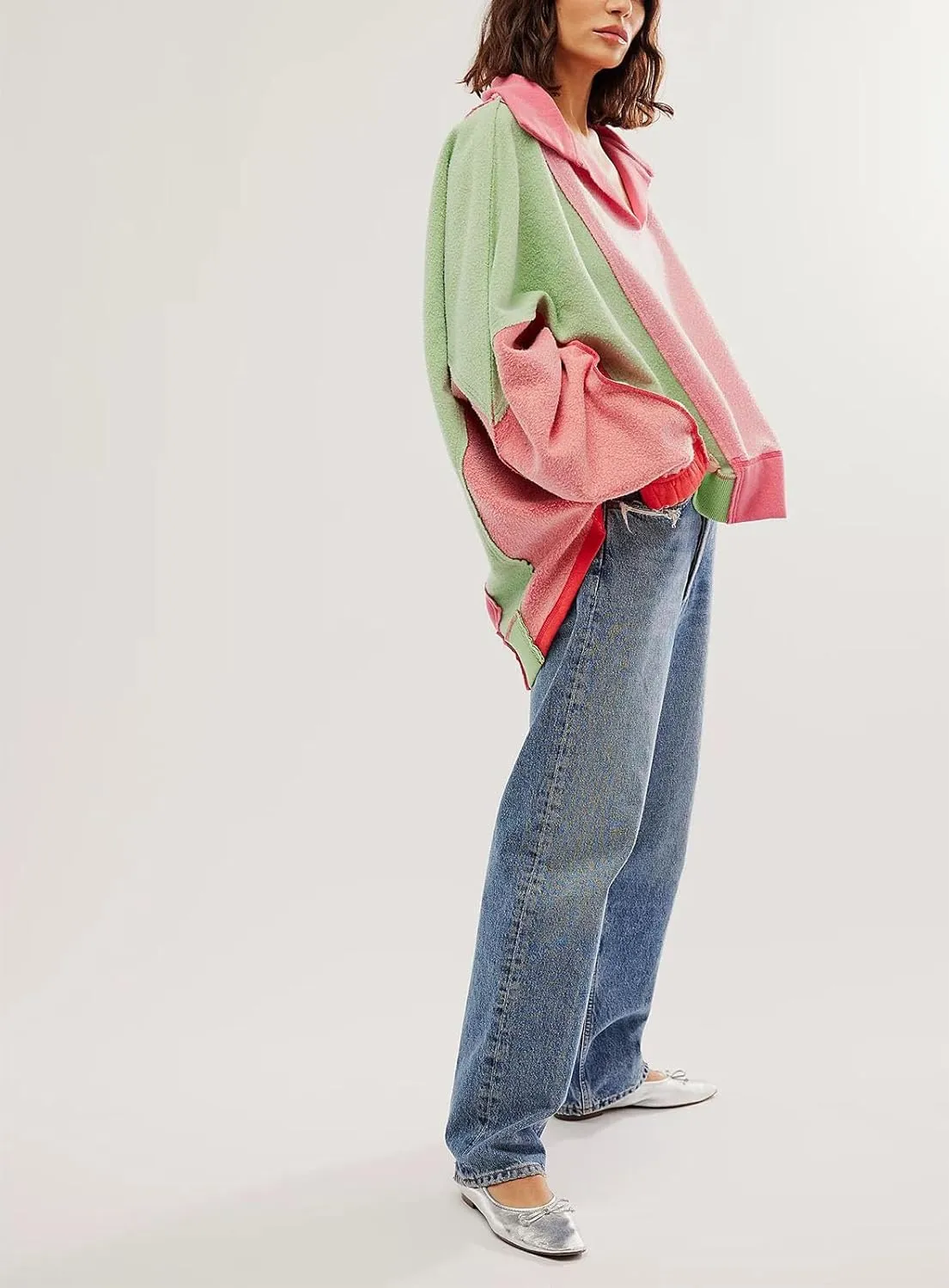 Yuemengxuan Women Fleece Sweatshirts Long Sleeve Colorblock Cropped Oversized Sweatshirt Y2k V-Neck Pullover Tops