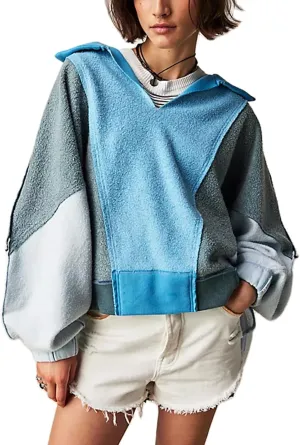 Yuemengxuan Women Fleece Sweatshirts Long Sleeve Colorblock Cropped Oversized Sweatshirt Y2k V-Neck Pullover Tops