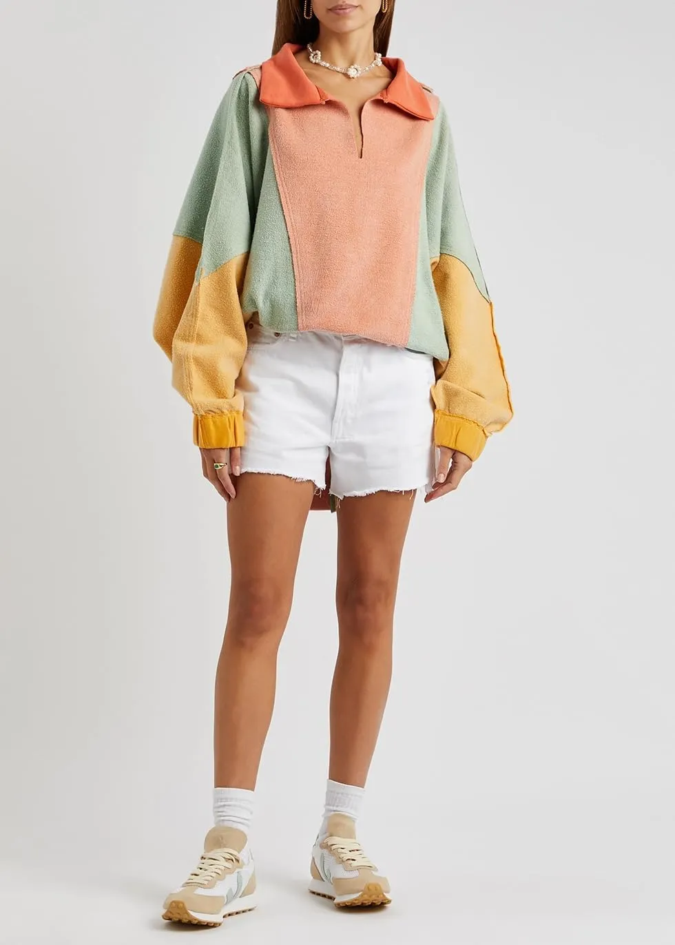 Yuemengxuan Women Fleece Sweatshirts Long Sleeve Colorblock Cropped Oversized Sweatshirt Y2k V-Neck Pullover Tops