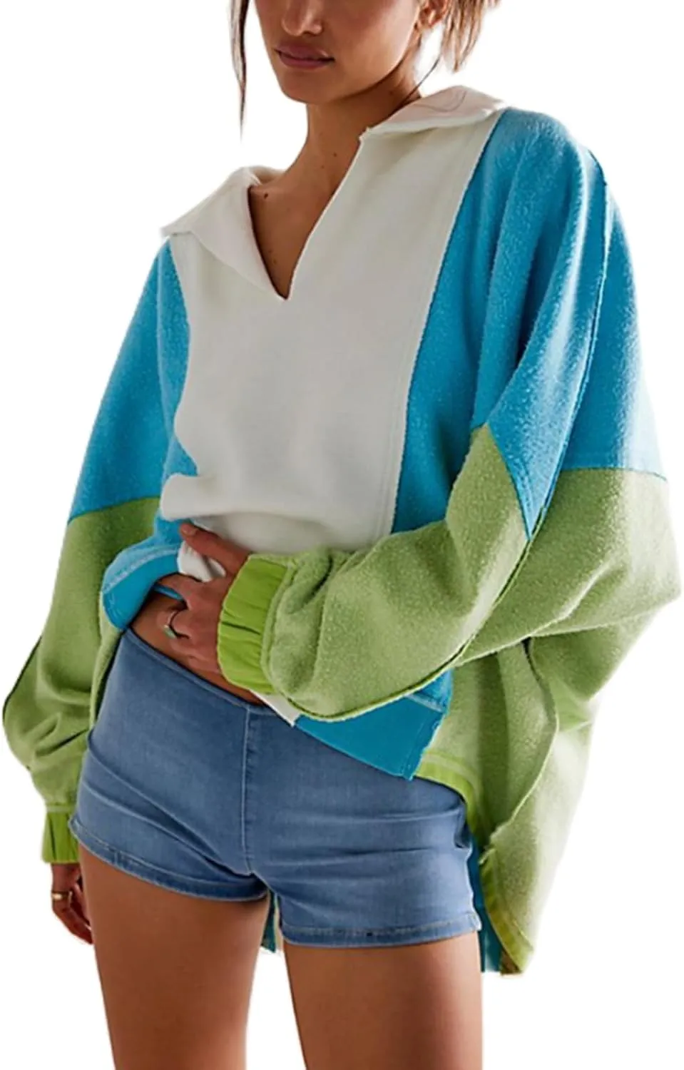 Yuemengxuan Women Fleece Sweatshirts Long Sleeve Colorblock Cropped Oversized Sweatshirt Y2k V-Neck Pullover Tops