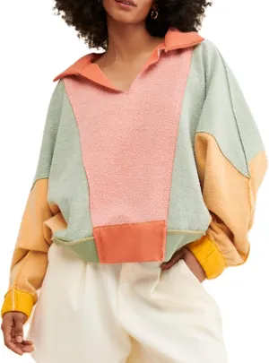 Yuemengxuan Women Fleece Sweatshirts Long Sleeve Colorblock Cropped Oversized Sweatshirt Y2k V-Neck Pullover Tops