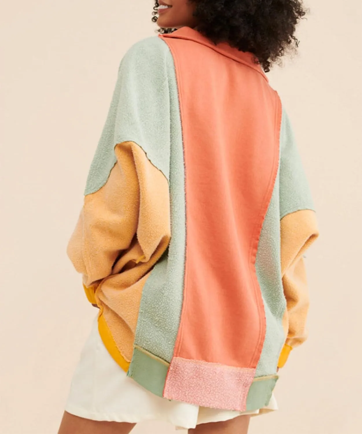 Yuemengxuan Women Fleece Sweatshirts Long Sleeve Colorblock Cropped Oversized Sweatshirt Y2k V-Neck Pullover Tops
