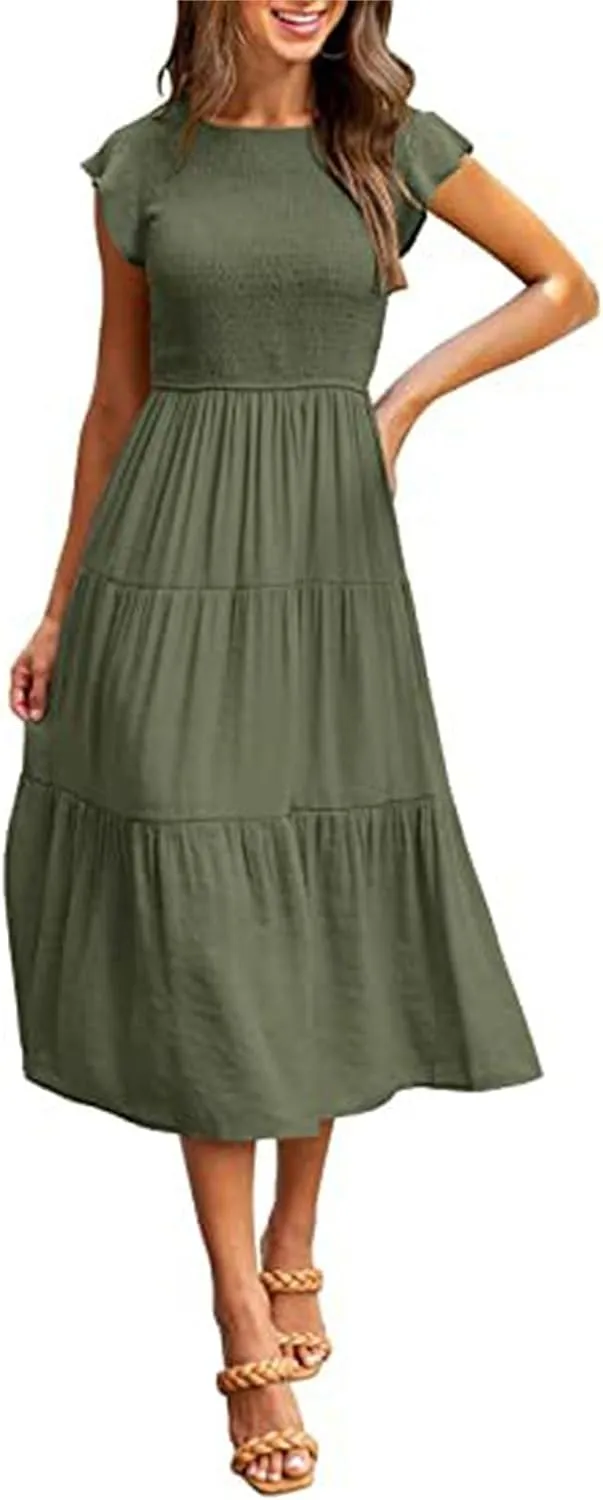 ZWRXW Womens Summer Casual Dresses Flutter Short Sleeve Crewneck Smocked Elastic Waist Tiered Midi Dress Flowy Beach Dress