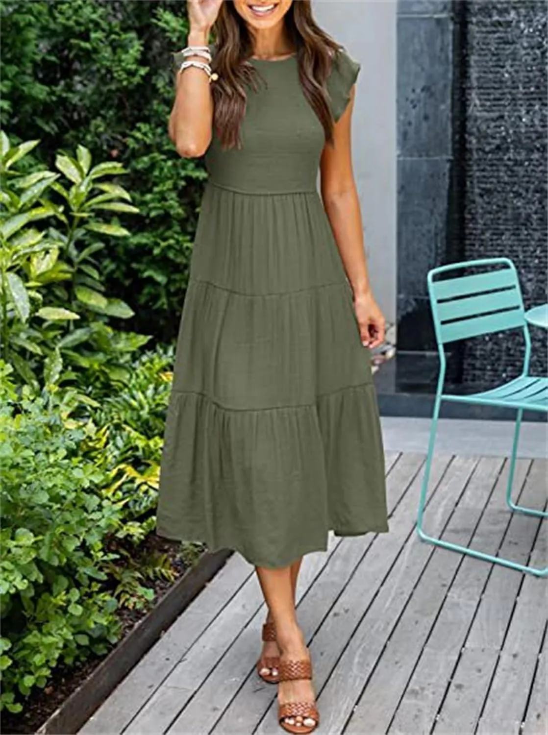 ZWRXW Womens Summer Casual Dresses Flutter Short Sleeve Crewneck Smocked Elastic Waist Tiered Midi Dress Flowy Beach Dress