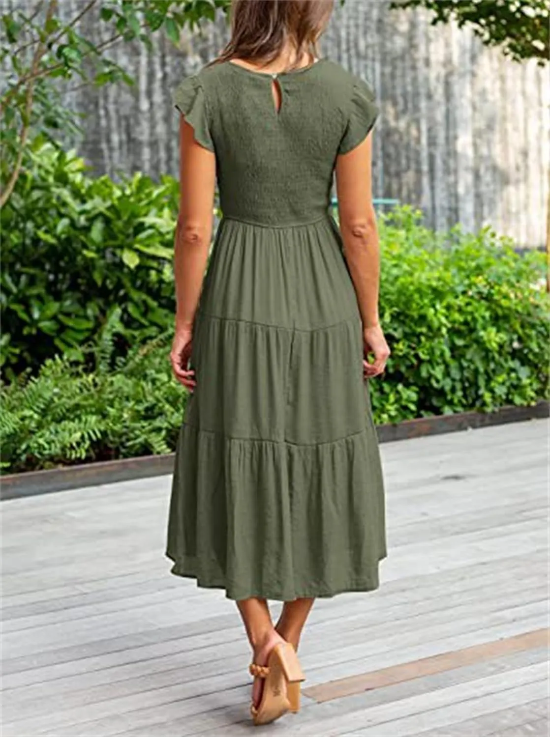 ZWRXW Womens Summer Casual Dresses Flutter Short Sleeve Crewneck Smocked Elastic Waist Tiered Midi Dress Flowy Beach Dress